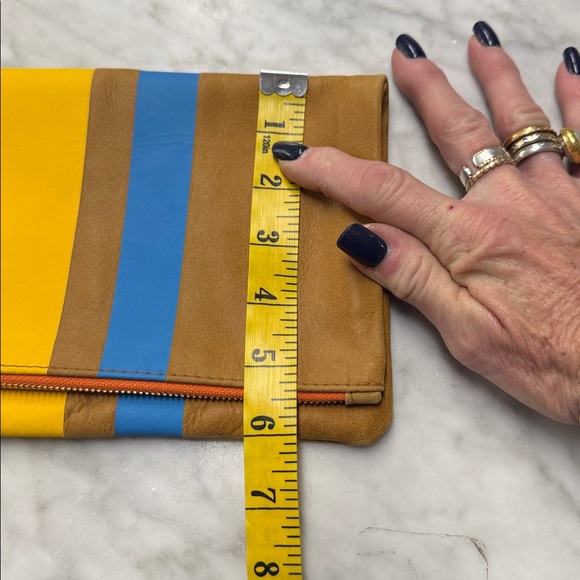 Clare V. Tan Leather Fold Over Clutch with Stripes